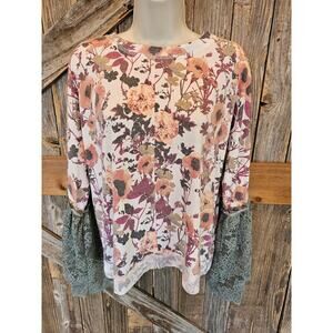 Boho Jane size large L Midi long sleeve southern blouse EUC mixed media lace